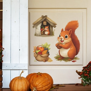 Cartoon squirrel and autumn harvest wall sticker on white door with pumpkins decoration