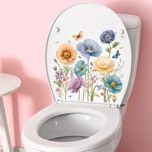 Self-adhesive floral and butterfly bathroom wall stickers for home decor in soft colors