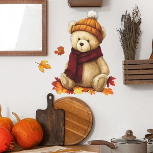 Cartoon teddy bear with autumn leaves wall decal for cozy bedroom home decor