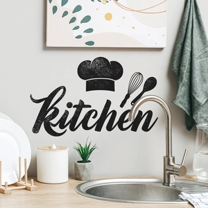 Minimalist black kitchen wall sticker featuring a chef hat and utensils for home decor