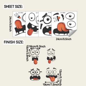 Detail showing sheet and finish dimensions for four cartoon funny face decals
