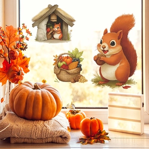 Autumn Harvest Squirrel Wall Stickers PVC Cartoon Squirrel Holding Nut And Pumpkin Basket Decals For Living Room Kitchen Decor