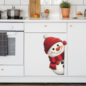 Cute snowman wall sticker with red hat and scarf on white kitchen cabinet decor
