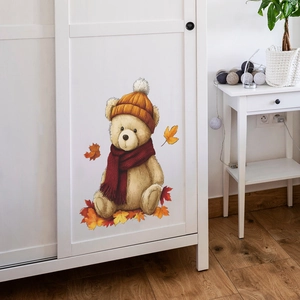 Cartoon teddy bear in hat and scarf wall decals with falling autumn leaves for bedroom