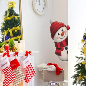 Peeking snowman wall sticker with red hat for Christmas home and fireplace decoration