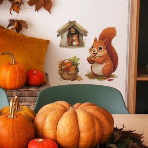 Autumn squirrel wall stickers featuring cartoon animals and harvest nuts on white walls