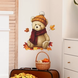 Cartoon teddy bear with autumn leaves removable wall stickers for kids bedroom decor