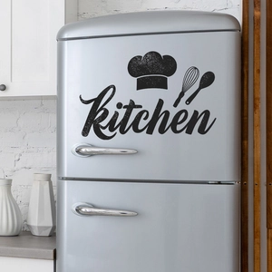 Minimalist black kitchen wall stickers featuring chef hat and utensils on silver fridge