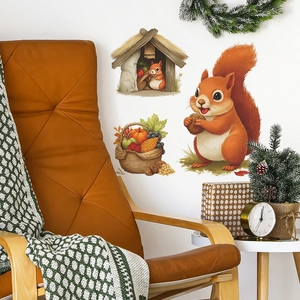 Cartoon squirrels and harvest basket wall stickers in cozy living room decor
