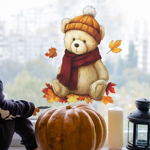 Cartoon plush bear with maple leaves autumn window sticker for cozy bedroom decor