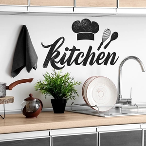 Minimalist black kitchen wall sticker featuring a chef hat icons and artistic text