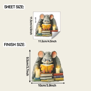 Detail view of cartoon mouse reading sticker showing sheet size and finish size dimensions