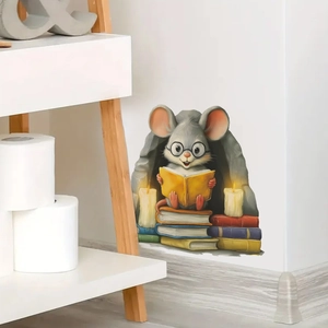 Cartoon mouse reading book in wall hole 3D sticker for home decor skirting board