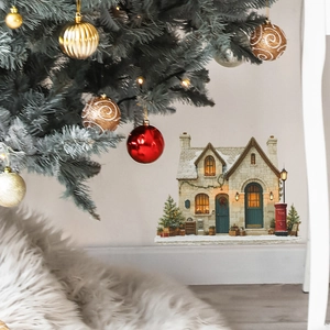 Weihnachtlicher Wandsticker mit verschneitem Steinhaus und rotem Briefkasten Deko