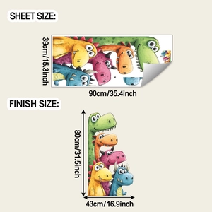 Detail view of cartoon dinosaur wall decals showing sheet size and finish size dimensions