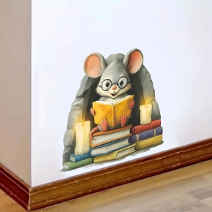 3D cartoon mouse reading books wall sticker for living room and study wall decor