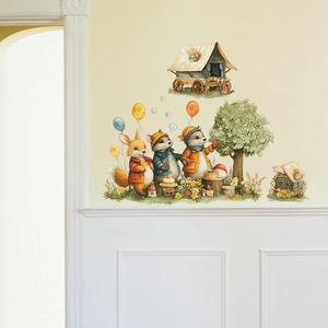Cartoon Forest Animal Wall Stickers Fox Raccoon Balloon Carriage Patterns For Kids Room Nursery Home Decor PVC Wall Decal