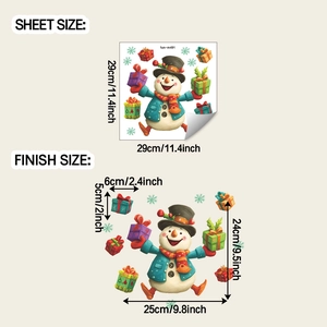 Detail view of snowman wall sticker sheet and dimensions for Christmas bathroom decor