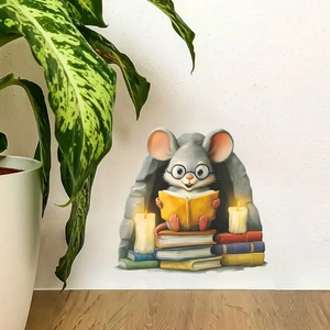 Cartoon mouse reading books in a stone hole wall decal sticker for home wall decor