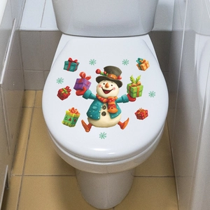 Funny Christmas snowman toilet lid decal with blue coat and gift box decoration