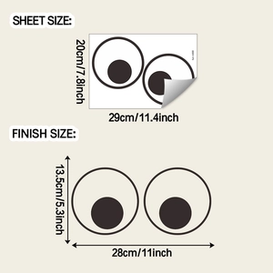 Detail of cartoon big eyes toilet sticker showing sheet size and finish dimensions