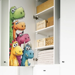 Watercolor cartoon dinosaur wall stickers for nursery decor in colorful hand-drawn style