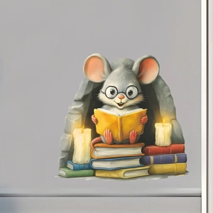 Cute cartoon mouse reading books in stone cave wall sticker for home decoration