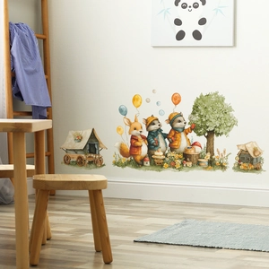 Creative forest animal party wall decals with house and balloons for kids' room decoration