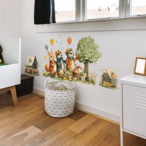 Hand-painted forest animals wall decals with fox bear and balloon for nursery decor
