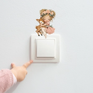 Autocollant mural fille câlinant un cerf pour déco interrupteur chambre enfant maison