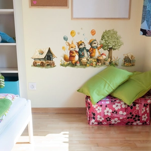 Cartoon forest animals wall decal with fox and balloons for nursery wall decoration