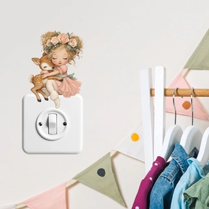 Sticker Mural Dessin Animé Fille Cerf Câlin Guirlande Imperméable PVC Décoratif Pour Chambre D'enfant Interrupteur Décoration