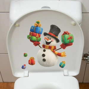 Christmas snowman with gift boxes waterproof vinyl sticker on a white toilet seat cover