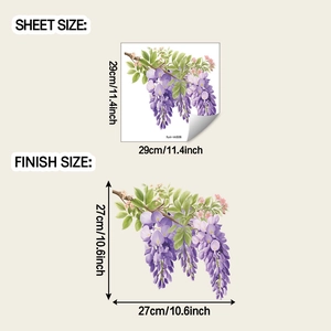 Detailed sheet size and finish size guide for purple wisteria floral bathroom wall decals
