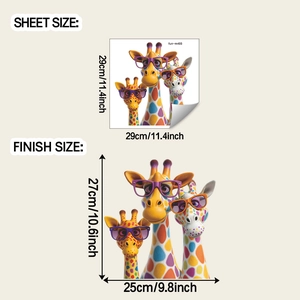 Detailed sheet and finish size dimensions for the cartoon giraffe wall sticker set