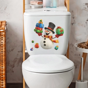 Christmas Snowman Toilet Sticker Removable PVC Cartoon Decal For Bathroom Decoration Colorful Gift Boxes Pattern Wall Art