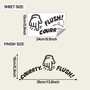 Detail view of restroom sticker dimensions showing sheet size and finish size with hand icon