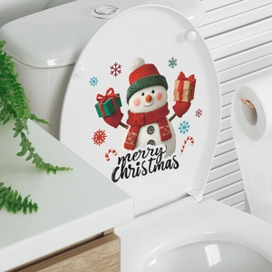 Merry Christmas snowman toilet lid sticker with colorful snowflakes and gift boxes decoration
