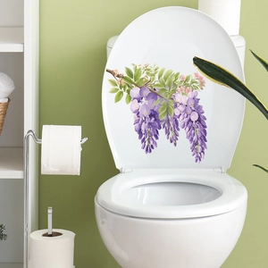 Purple Wisteria Flower Toilet Sticker PVC Self Adhesive Waterproof Wall Decal For Bathroom Restroom Decoration Fresh Floral Home Decor