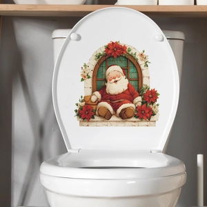 Santa Claus Christmas Toilet Seat Sticker Waterproof PVC Bathroom Decal Festive Poinsettia Window Decoration Ornament