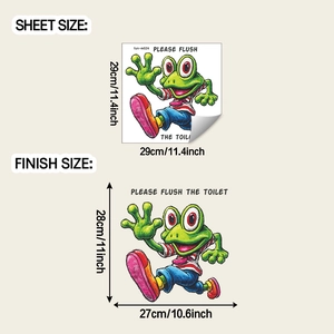 Détail du sticker grenouille pour toilettes avec dimensions et texte de rappel de chasse
