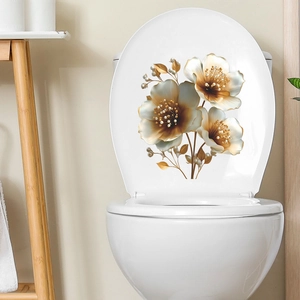 Élégant Sticker de Couvercle de Toilette Fleur Dorée PVC Amovible Décalcomanie Murale Florale Décoration Salle de Bain Maison