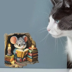 Sticker mural 3D trou de souris avec souris lisant et chat curieux sur mur bleu