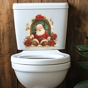 Waterproof Santa Claus and poinsettia bathroom toilet sticker for Christmas home decor