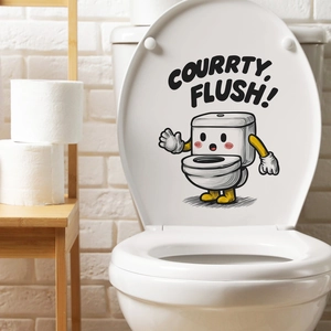 Simpatico adesivo per WC con scritta COURRTY FLUSH e personaggio su coperchio bianco