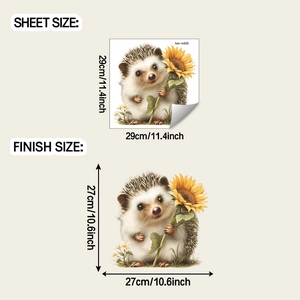 Detailed wall sticker dimensions showing cartoon hedgehog with sunflower and sheet sizes