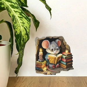 Sticker mural 3D d'une souris lisant des livres pour une décoration intérieure créative