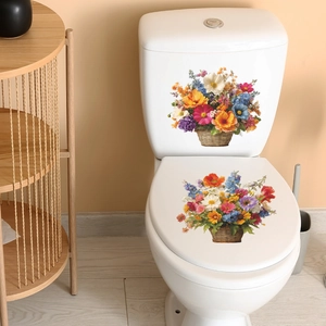 Self-adhesive floral flower basket toilet wall sticker with colorful sunflowers and daisies