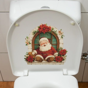 Festive Santa Claus and red flower self-adhesive toilet lid sticker for Christmas decor