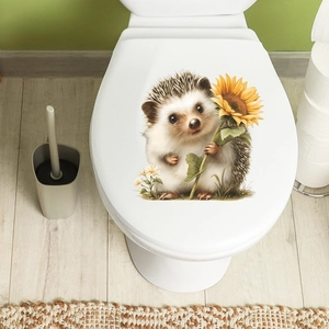 Cute hedgehog holding a sunflower bathroom wall sticker on a white toilet seat lid
